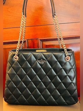 kate spade Black Quilted Shoulder Bag with Gold Chain large tote bag
